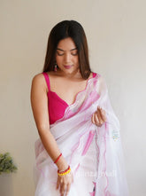 Vachi Elegant Floral Printed Cutwork Pure Organza Ivory White Saree